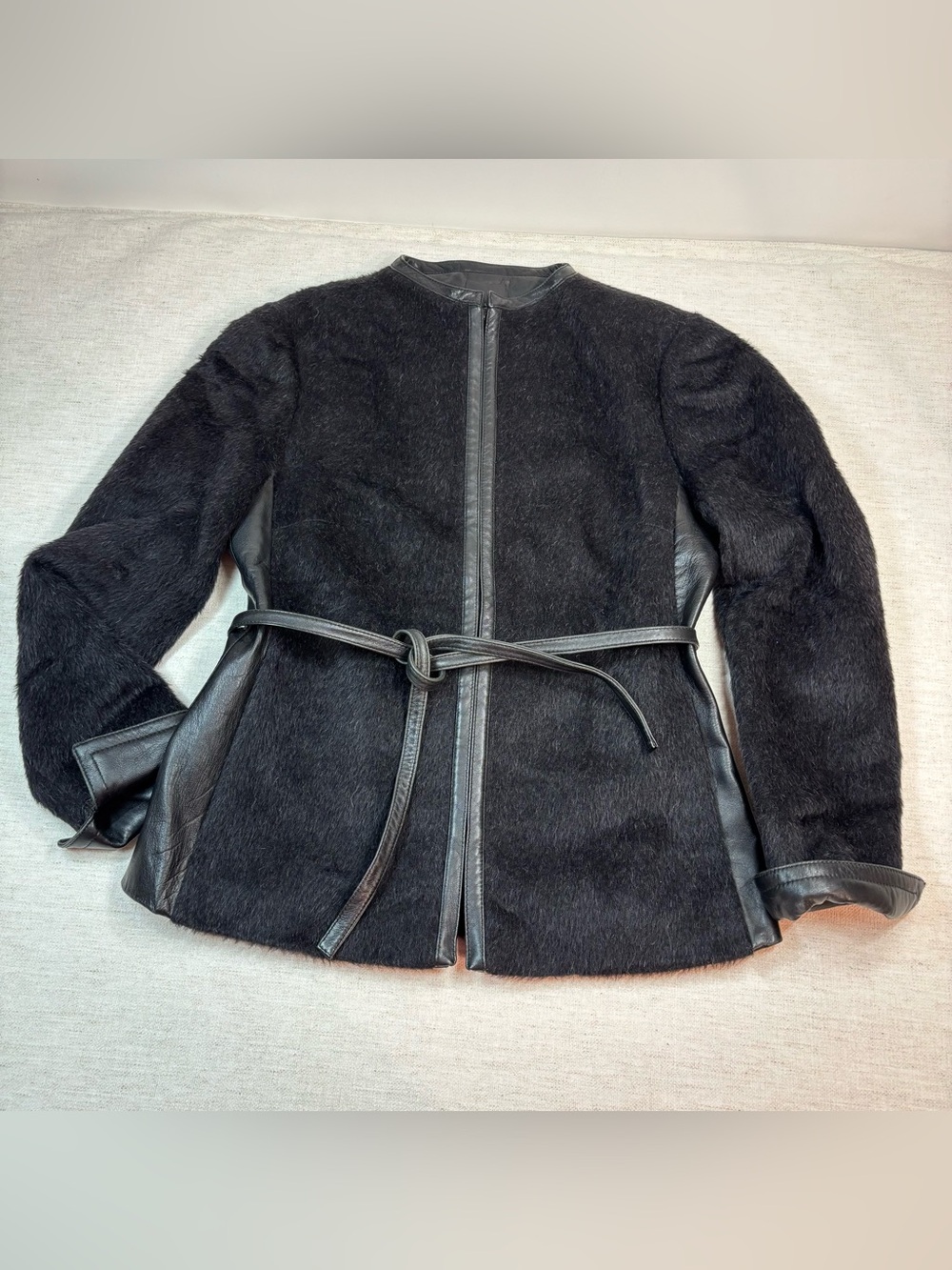 Carlisle women’s 2 Black alpaca wool Fur and Leather Belted Jacket full zip